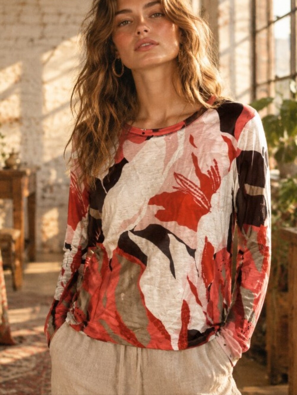 Chico's Coral, White and Tan Abstract Long-Sleeve Tee